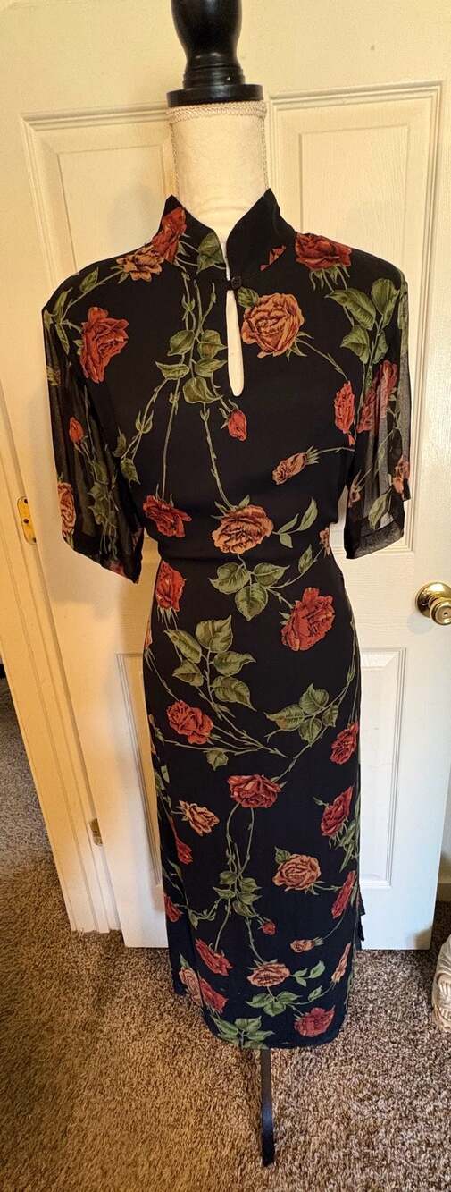 Vintage Whimsygoth 90’s Black Floral Rose Print Keyhole Midi Dress - Picture 1 of 12